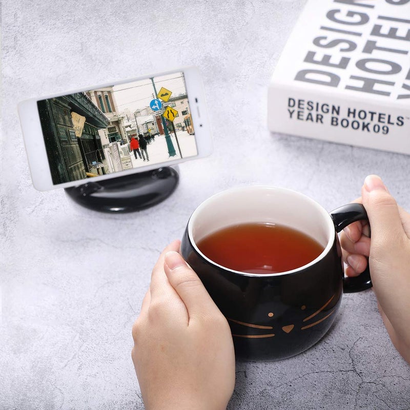Koolkatkoo Cute Cat Coffee Mug With Cell Phone Holder Lid - Unique Ceramic Tea Porcelain Cup for Cat Lovers - Gold Black Gift for Women - Image 3